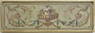 Neoclassical painting, oil on canvas, still life of flowers in an urn with scrolling flowing sides. 19" x 58"