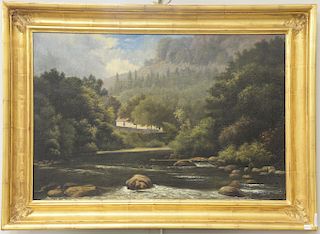 Oil on canvas, river landscape with house, unsigned, relined with gilt frame, 20" x 30".
