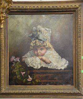 Young girl in Victorian dress with head on crossed hands, unsigned, 23 1/2" x 21 1/2".