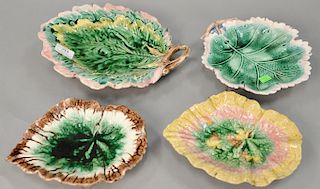 Four Etruscan Majolica leaf dishes. lg. 9 in. to 12 in.