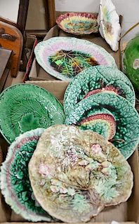 Two box lots with eight Majolica leaf dishes, one with strawberries. lg. 8 1/2 in. to 11 in.