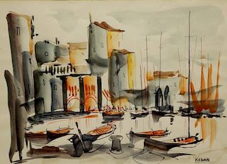 HODICKE, Karl H. Watercolor. European Harbor.