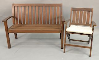 Pottery Barn three piece teak set with bench (lg. 50 in.), armchair, and small table.