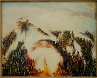 Nathaniel E. Reich (20th century), oil on masonite, Flight of Angels, signed top left N.E. Reich, 16" x 20".