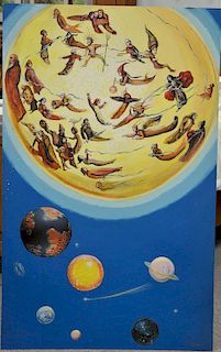 Nathaniel E. Reich (20th century), oil on masonite, Mystical Figures in Universe, signed lower right N.E. Reich, 48" x 30".