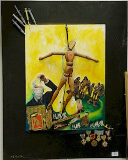 Nathaniel E. Reich (20th century), mixed media three dimensional, "Is this Suicide Necessary", signed lower left N.E. Reich, 36" x 28".