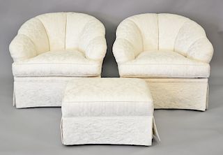 Stickley pair of upholstered chairs with ottoman.