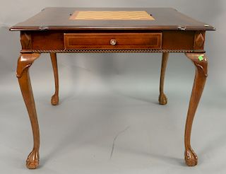 Alexander Julian Home Colors mahogany game table having checkerboard and backgammon board top. ht. 29 1/2 in., top: 38" x 38"