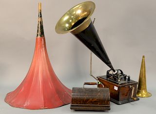 Thomas Edison cylinder phonograph with oak case and two brass horns and a red horn along with cylinders. ht. 12 in.