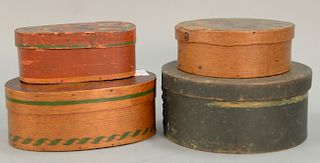 Four pantry boxes to include original green painted round box, natural wood round box, and two painted oval boxes, larger one marked...