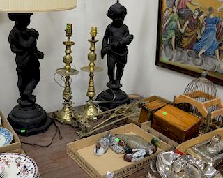 Group lot to include a pair of large figural lamps, birdcage, molds, brass cased walnut card holder, pair of brass candlesticks made...