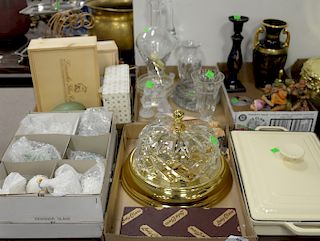 Five tray lots including two small Limoges boxes, Lauscha Glas Creation ornaments, Bavaria candlestick, Hummels, Waterford hall ligh...