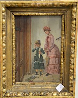 Gustav Zafaurek (1841-1906), oil on board, Dropped Vase of Flowers, mother and daughter in Victorian dresses by door, signed G. Zafa...