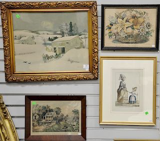 Six piece framed group to include two Currier & Ives "A Flower Basket" and "American Homestead", Sternberg winterscape print, and th...