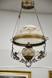 Victorian oil hanging lamp with matching glass shade. shade dia. 14 in.