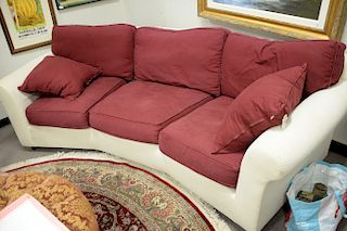 Custom upholstered sofa with rounded back, maroon and white. total lg. 107 in.