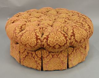 Round tan and red button upholstered pouffe / ottoman. ht. 16 in., dia. 42 in.