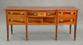 Federal mahogany sideboard, drawers and doors flanked by doors, circa 1800. ht. 34 in., wd. 77in.