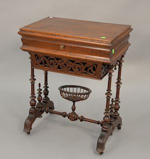 Victorian sewing table with lift top birdseye maple interior and bag drawer. ht. 30 in., wd. 23 in.