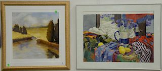 Five framed items to include oil on canvas boat on pond and marsh landscape both signed illegibly, watercolor of flowers in a pitche...