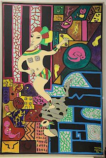 Manuela Dikoume (b. 1956) oil on canvas geometric abstraction of woman standing on a snake signed lower right Manuela Dikoume 86. 77...