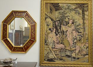 Two framed pieces including contemporary chinoiserie decorated framed mirror 35" x 30" and a large framed tapestry 35" x 30".
