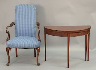 Two piece lot to include a demilune game table ht. 28 in., wd. 36 in. and Queen Anne style armchair.