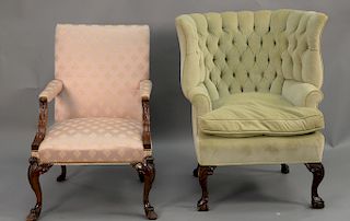 Two mahogany upholstered armchair, one with barrel back.