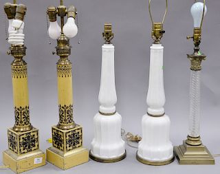 Group of five table lamps, pair of painted white metal crystal column glass lamp, and pair of milk glass lamps. ht. 31 in. to 36 in.
