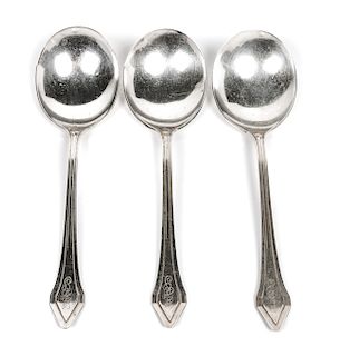A Group of Nine American Silver Soup Spoons, Gorham Mfg. Co., Providence, RI, Clermont pattern, monogrammed.