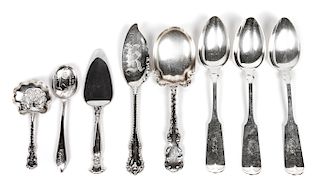 An Assorted Group of Eight American Serving Articles, Various Makers, comprising: 3 Gorham tablespoons 1 Dominick and Haff fish