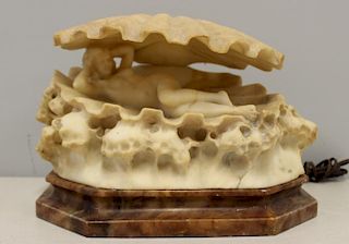 Antique Carved Alabaster Shell-Form Lamp.