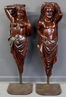 2 Antique and Life Size Carved Wood Figures.