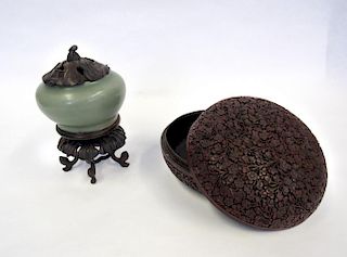 Longquan Covered Jar and Cinnabar Lacquer Box.