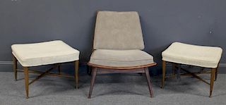 MIDCENTURY. Chair and 2 Ottomans In The Manner