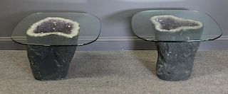Impressive Pair of Geode Glass Top End Tables.
