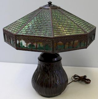 HANDEL. Signed "Tree Border" Table Lamp and