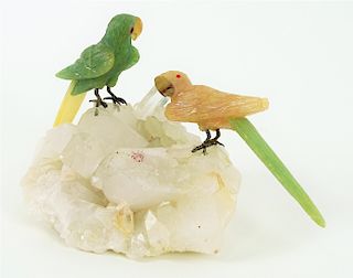 Carved Jade & Rose Quartz Parrots On Rock Crystal