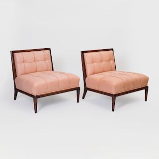 Pair of Nancy Corzine Mahogany and Leather Upholstered Slipper Chairs
