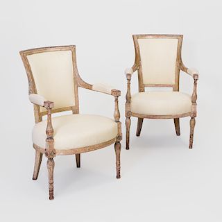 Pair of Directoire Carved and Painted Fauteuils en Cabriolet