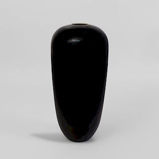 Japanese Black Glazed Ceramic Ovoid Vase
