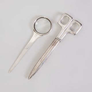 Currier & Roby for Cartier Silver Magnifying Letter Opener  and a Pair of Silver Mounted Scissors with a Silver Sheath