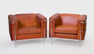 Pair of Corbusier Style Chrome and Leather Club Chairs