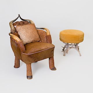 American Horn and Printed Hide Armchair and a Suede and Antler Foot Stool