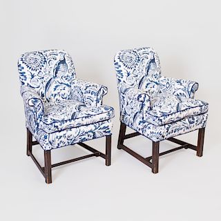 Pair of Mahogany Blue and White Cotton Upholstered Armchairs, Designed by Tom Britt