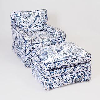 Tom Britt Blue and White Cotton Upholstered Club Chair and Ottoman