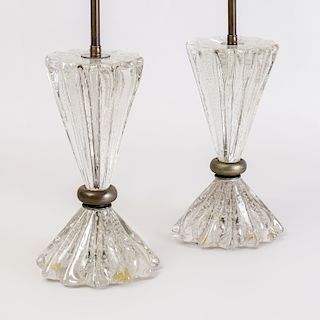 Pair of Gilt-Metal Mounted Murano Glass Table Lamps