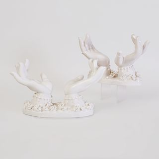 Pair of Peter Ting White Glazed Porcelain Hand Sculptures, for Contrast