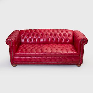 Red Tufted Leather Chesterfield Sofa