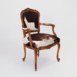 Louis XV Style Beechwood Fauteuil en Cabriolet, Upholstered in Hide